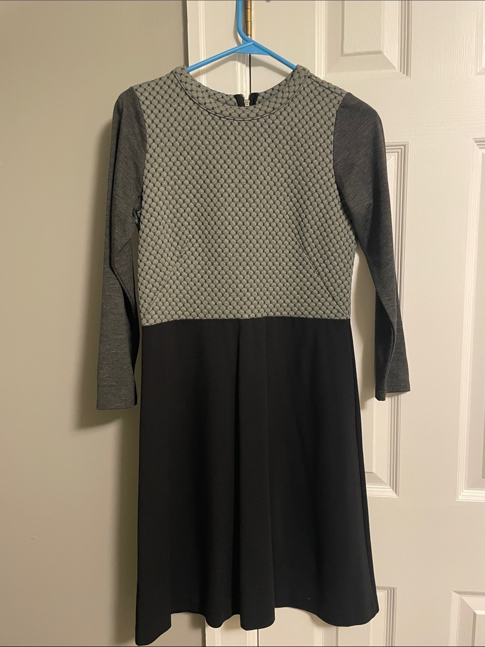 Loft Grey Textured Bodice Black Skirt Long Sleeve Dress